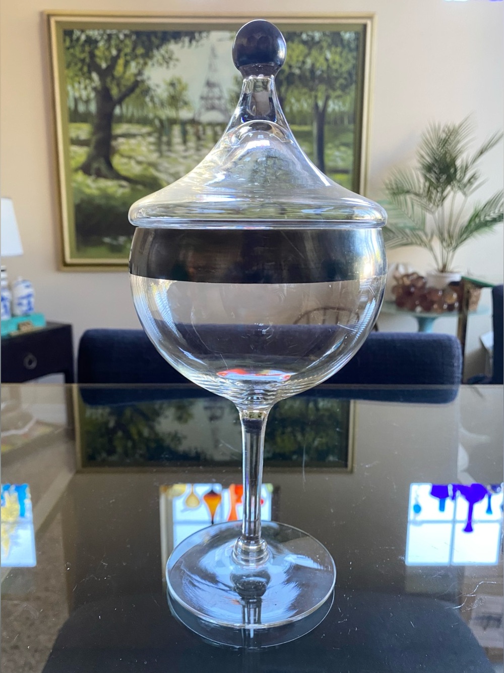 VTG  Dorothy Thorpe Crystal Candy Dish w Sterling Silver Band Pedestal Lid *read